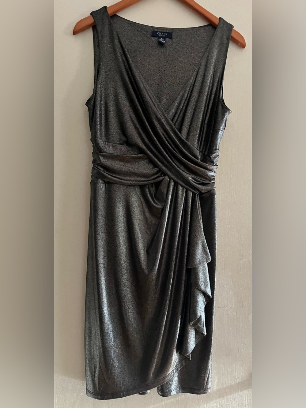 Chaps Shimmery Charcoal Sleeveless Wrap Midi Dress